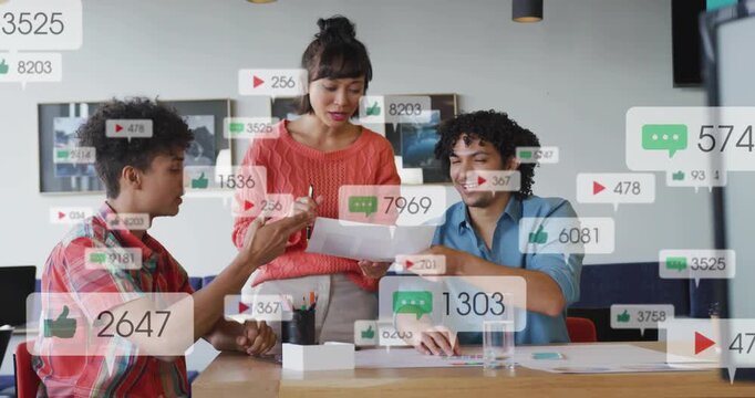 Team showing phone, reviewing charts while likes or comments accumulating over papers for marketing