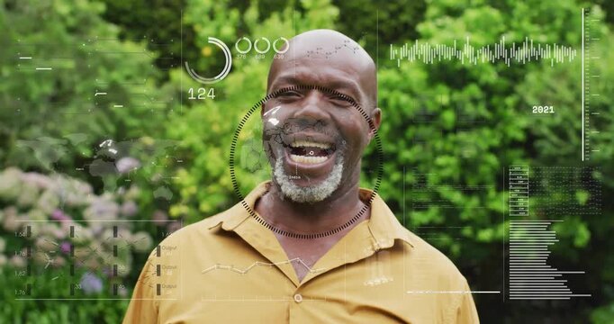 Senior man standing in yard smiling to laughing sparking HUD gauges or waves rising or falling for h
