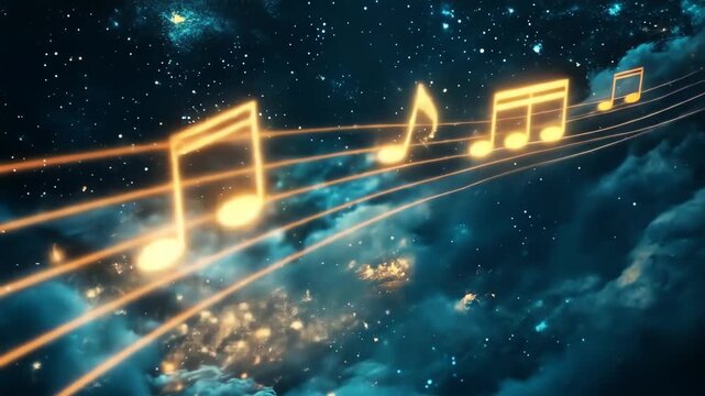 Abstract illustration of musical notes floating in a starry night sky