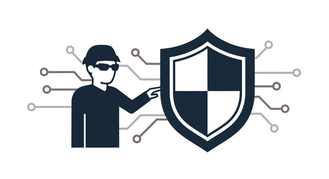Cybersecurity concepts protection of digital data and privacy by a hacker in a digital network with a security shield illustration