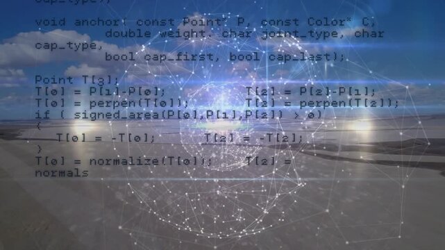 Code overlay appearing and initiating tech orb pulsing over tidal flats, revealing HTTP calls