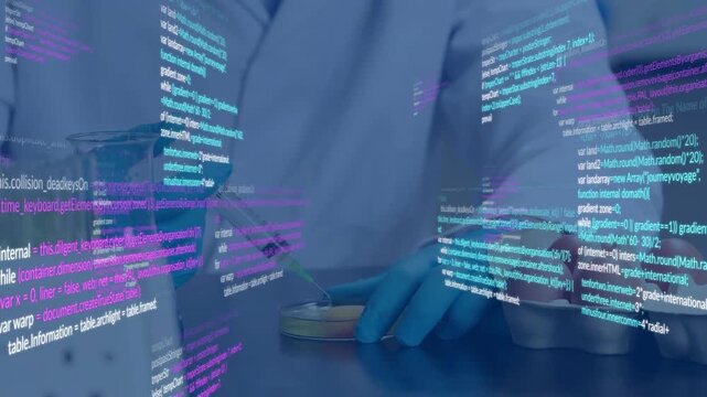 Female tech pressing plunger pipetting into petri dish for assay with cyan code overlay over hands