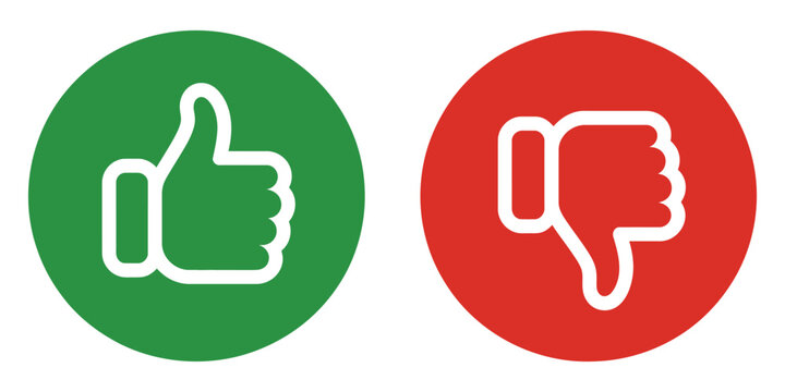 Thumbs up and thumbs down icon sign isolated on white and transparent background, green and red circle vector illustration button