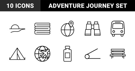 Fototapeta premium Travel and adventure journey line icon set