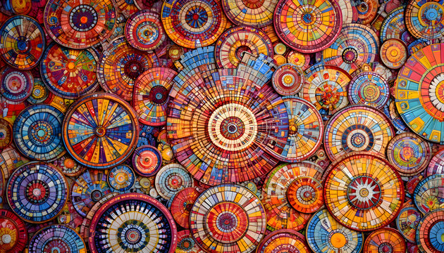 Many colorful paper plates stacked together, collection of vibrant disposable party supplies for celebration and dining