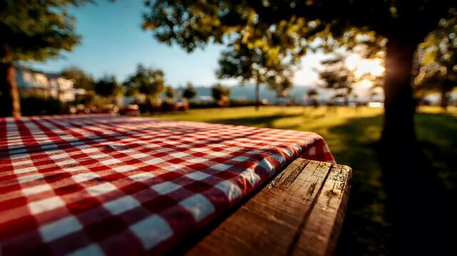 Spring Summer outdoor leisure relaxation activity. A vivid outdoor scene captured during the golden hour. A red and white checkered tablecloth rests on a wooden table.