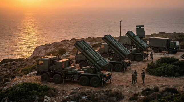 Military rocket launchers deployed on a rocky coastline at sunset with ocean waves