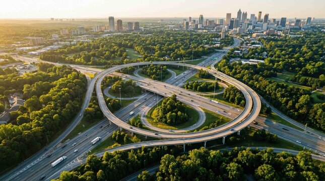 Aerial view of a complex highway interchange surrounded by lush green trees