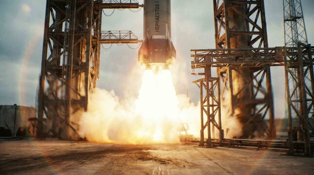 Powerful rocket launch from launchpad with intense flames and smoke