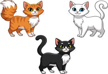 Fototapeta premium Set of Cute Cartoon Cats in Different Colors: Orange Tabby, Black and White, and White Cat, Vector Illustration for Pet Lovers