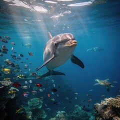 Fototapeta premium dolphin swimming with tropical fish underwater