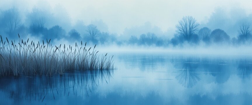 Misty Lake Landscape with Fog and Serene Reflections in Blue Color Palette at Dawn