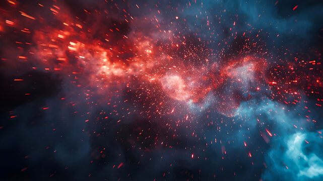 Colorful cosmic explosion with glowing particles and nebula clouds in red and blue tones. Abstract deep space scene with dynamic motion and energy.