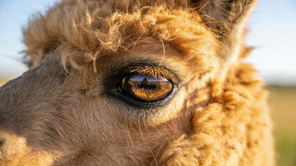 Fototapeta premium Close-up view of an animal's eye showing surroundings on a farm in the afternoon sunlight