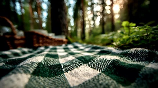 Spring Summer outdoor leisure relaxation activity. A closeup shot of a checkered picnic blanket in a forest. The blanket is predominantly green and white.