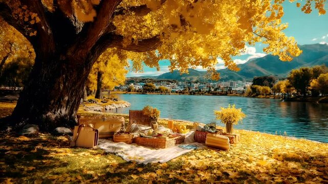 Spring Summer outdoor leisure relaxation activity. A vivid portrayal of a serene lakeside scene during autumn. A large tree with goldenyellow leaves dominates the foreground.