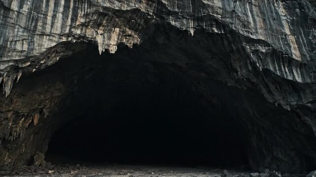 Vast cave entrance with rough rock formations and stalactites, dark interior