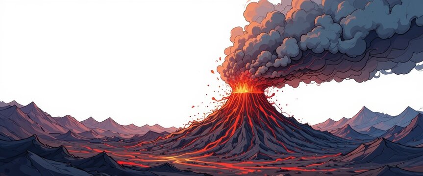 Explosive Eruption of a Volcano with Lava Flow and Smoke Rising in a Mountainous Landscape
