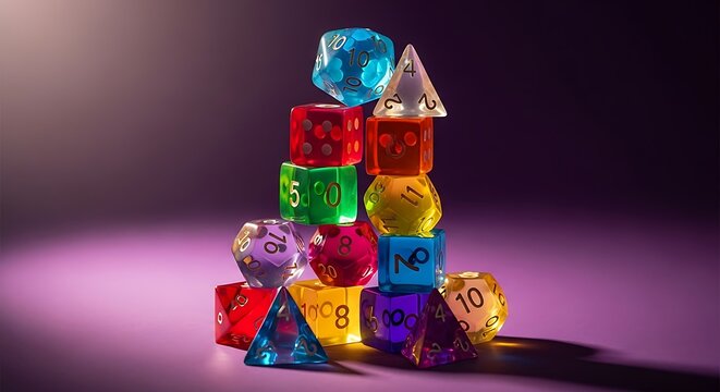 Colorful Dice Stacked High, Ready for Role Playing Games.