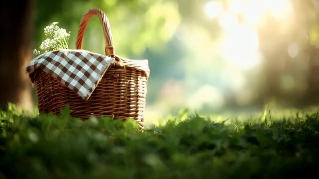 Spring Summer outdoor leisure relaxation activity. A serene outdoor scene captured during the golden hour. A wicker basket with a checkered cloth sits on a bed of lush green grass.