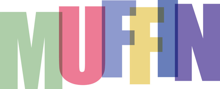 Muffin text vector illustration with colorful pastel overlapping letters and transparency effect on grid background.