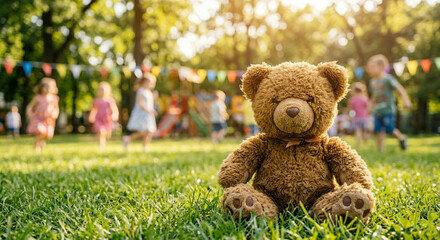 Plush teddy bear in the grass with children playing in background, concept of international children's day