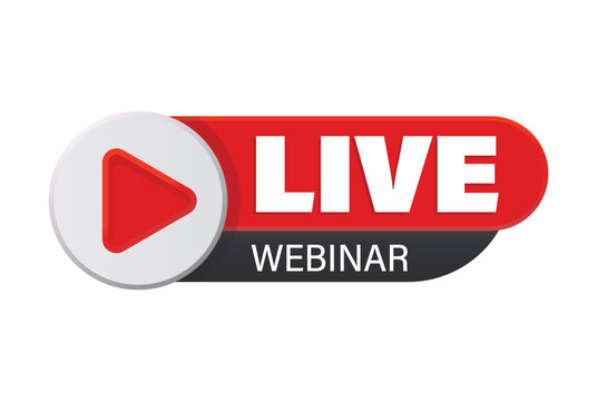 red live webinar label with play button icon for virtual seminar and professional business presentation