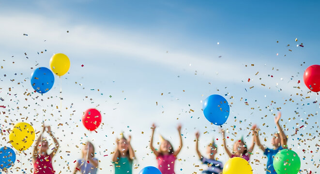 Children celebrating with colorful balloons and confetti in daylight for international children's day  