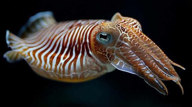 cuttlefish with striking stripes swims in dark water.