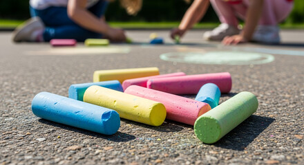 Naklejka premium Children drawing with colorful chalks on pavement outdoors for international children's day 