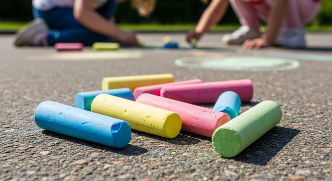 Children drawing with colorful chalks on pavement outdoors for international children's day  