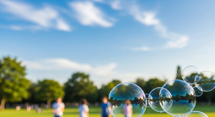Children playing in park with soap bubbles on sunny day, concept of international children's day
