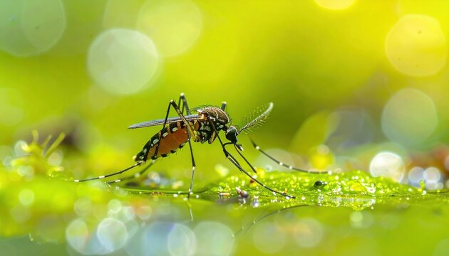 Close-up of a mosquito on a green surface in nature.