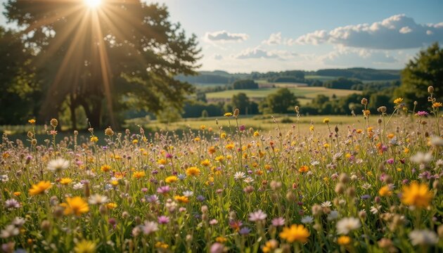 Lush Meadow Filled with Colorful Wildflowers Under Sunlight in a Serene Landscape