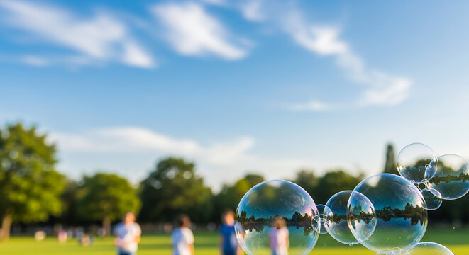 Children playing in park with soap bubbles on sunny day, concept of international children's day  