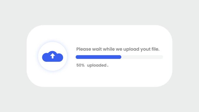 A notification popup showing a blue cloud upload icon with a progress bar indicating the file upload percentage completion status