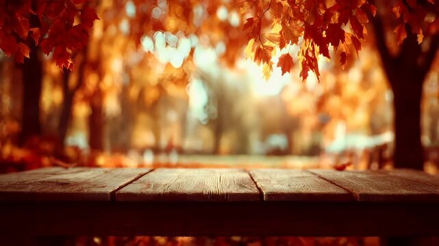 Spring Summer outdoor leisure relaxation activity. A vivid autumn scene features a wooden table in the foreground. The tables surface reflects the warm, golden light of the setting sun.
