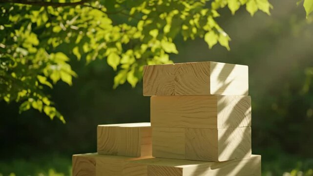 Close-up of stacked wood blocks outdoors with green leaves, nature backdrop.