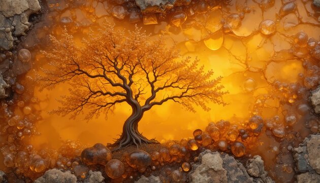 Intricate Tree Silhouette Against Glowing Amber Background with Organic Gemstone Texture