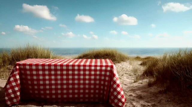 Spring Summer outdoor leisure relaxation activity. A vivid portrayal of a serene beach scene. A red and white checkered tablecloth covers the table.