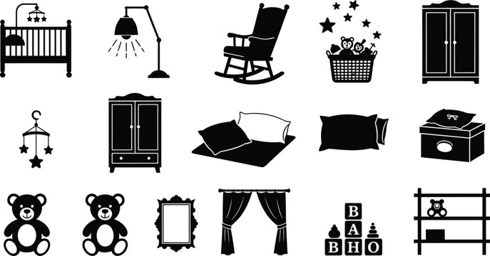 Baby room furniture silhouette collection isolated on transparent background