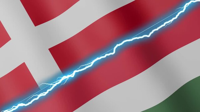 Two waving flags Denmark and Hungary with diagonal lightning seamless, 4k loop