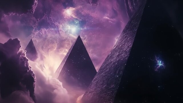 Abstract pyramid structures amidst a cloudy celestial sky