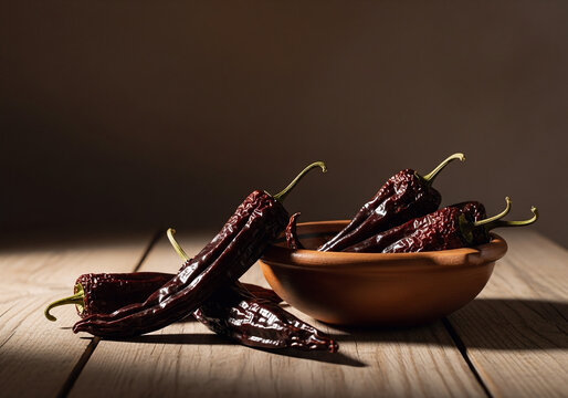 Chile pasilla in a rustic clay bowl on a wooden table, capturing authentic Mexican ingredients and dried hot peppers for traditional culinary recipes.