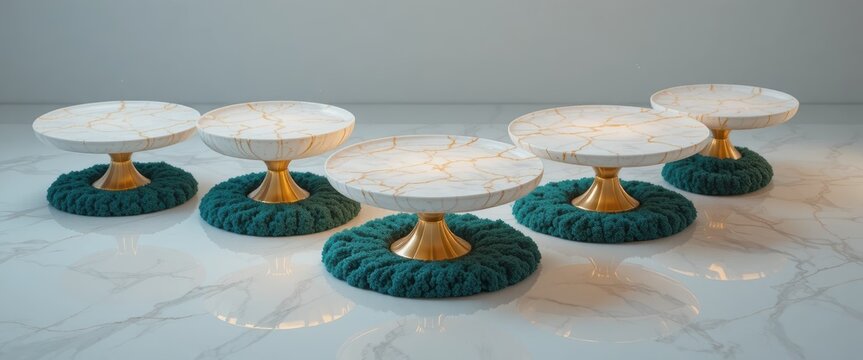 Elegant Display of White Cake Plates with Gold Accents on Teal Bases Set Against a Marble Background