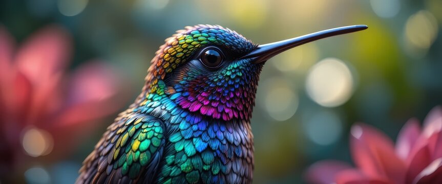 Close-Up Portrait of a Colorful Iridescent Hummingbird Resting Among Vibrant Floral Background
