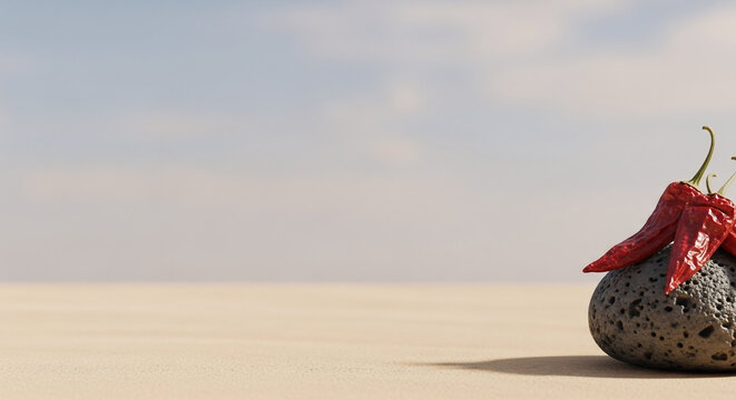 A pair of dried chile pasilla peppers resting on a textured volcanic stone in a minimalist desert setting with soft light and copy space for text design
