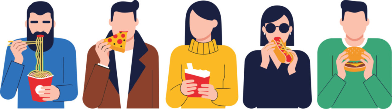 People eating fast food collection with characters enjoying noodles, pizza, dessert, and burgers colorful flat vector illustration set