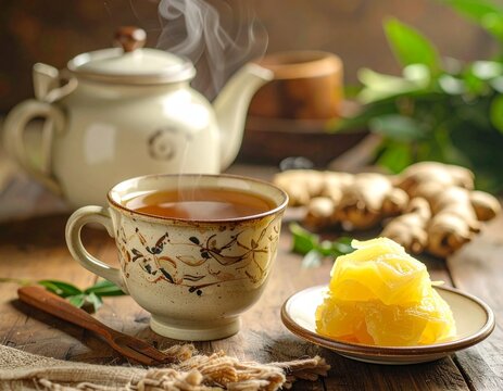 Hot ginger tea with fermented cassava tape singkong in ceramic cup