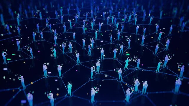 3D Animation: Top View of Crowd of People in Digital Space with Icons, Emoji and Messages. User Avatars in Virtual World of Social Media, Internet and Content. Connected Digital Society.